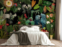 Bold tropical mural design featuring vintage collage style.


