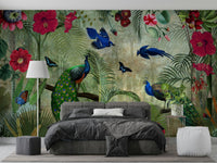 Bright vintage peacock mural with tropical accents

