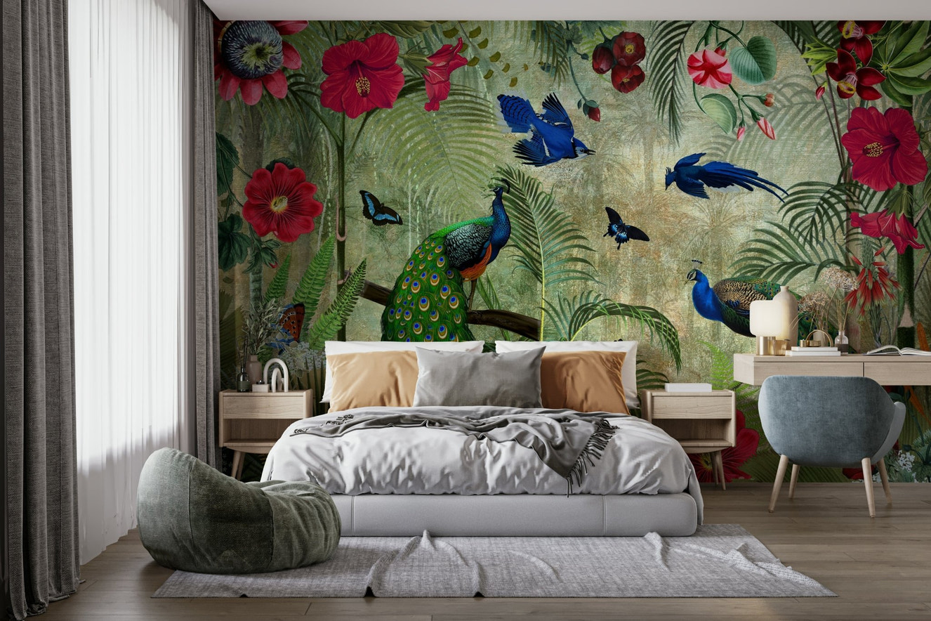 Tropical vintage peacock wall mural for living room

