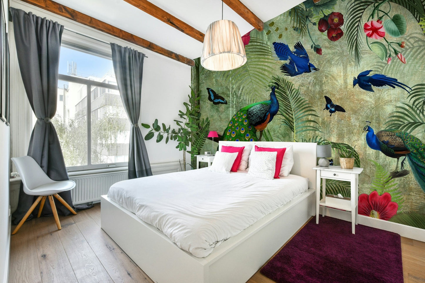 Exotic tropical vintage peacock mural for interiors

