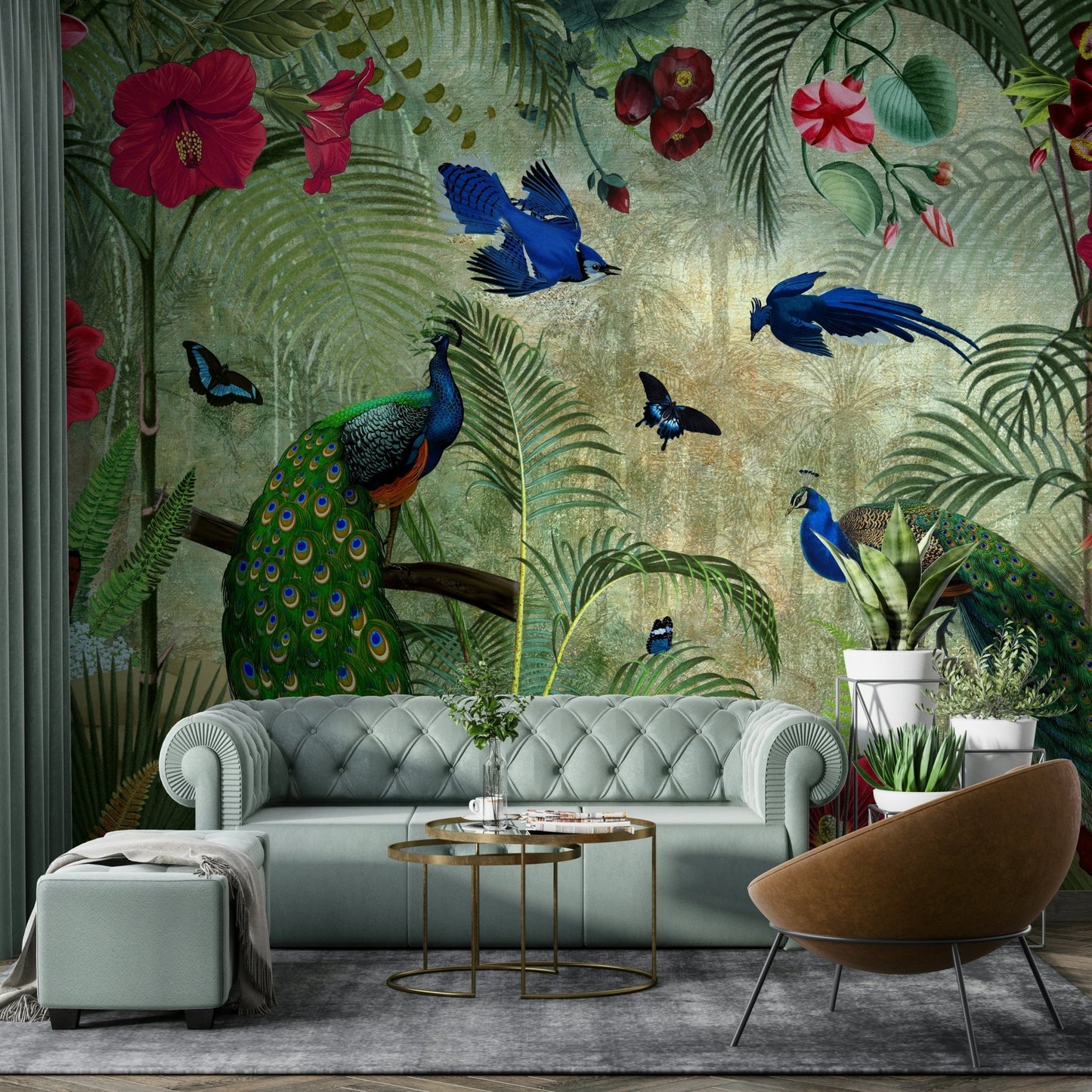 Vibrant vintage peacock tropical mural for walls

