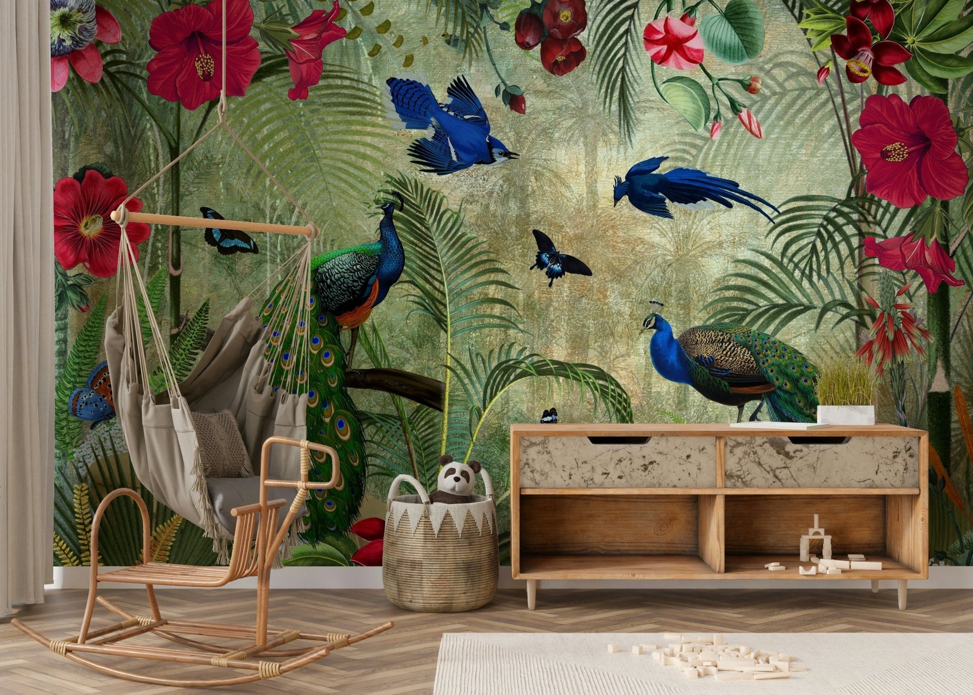 Elegant tropical peacock wall mural for homes

