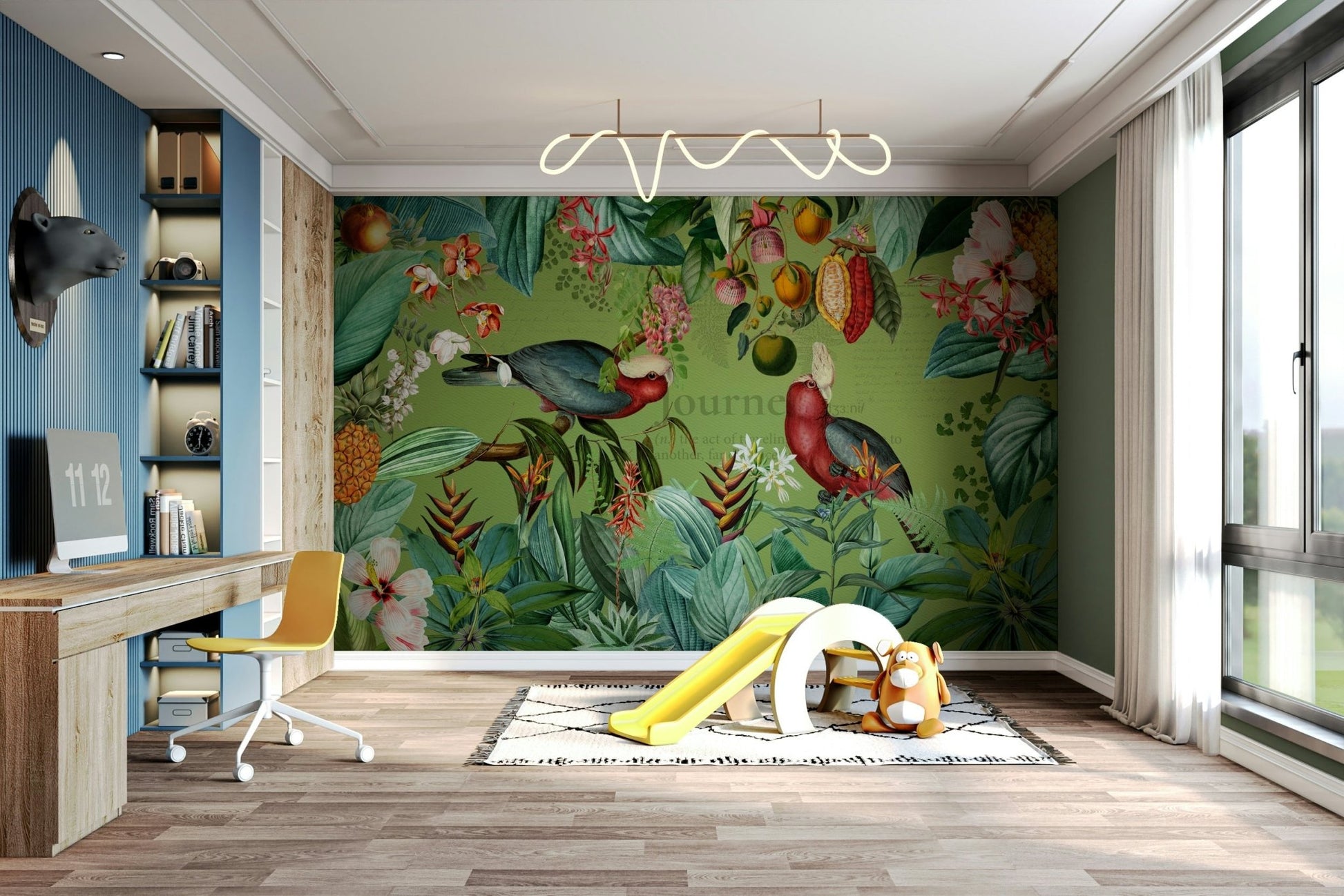 Vintage-inspired tropical wall mural with wildlife.


