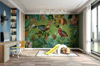 Vintage-inspired tropical wall mural with wildlife.

