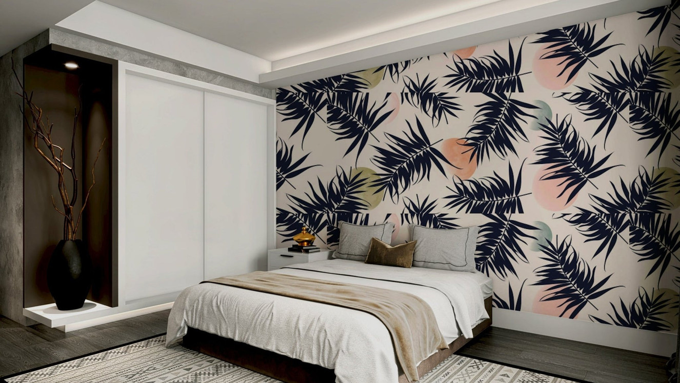 Tropical wallpaper with lush green palm leaves

