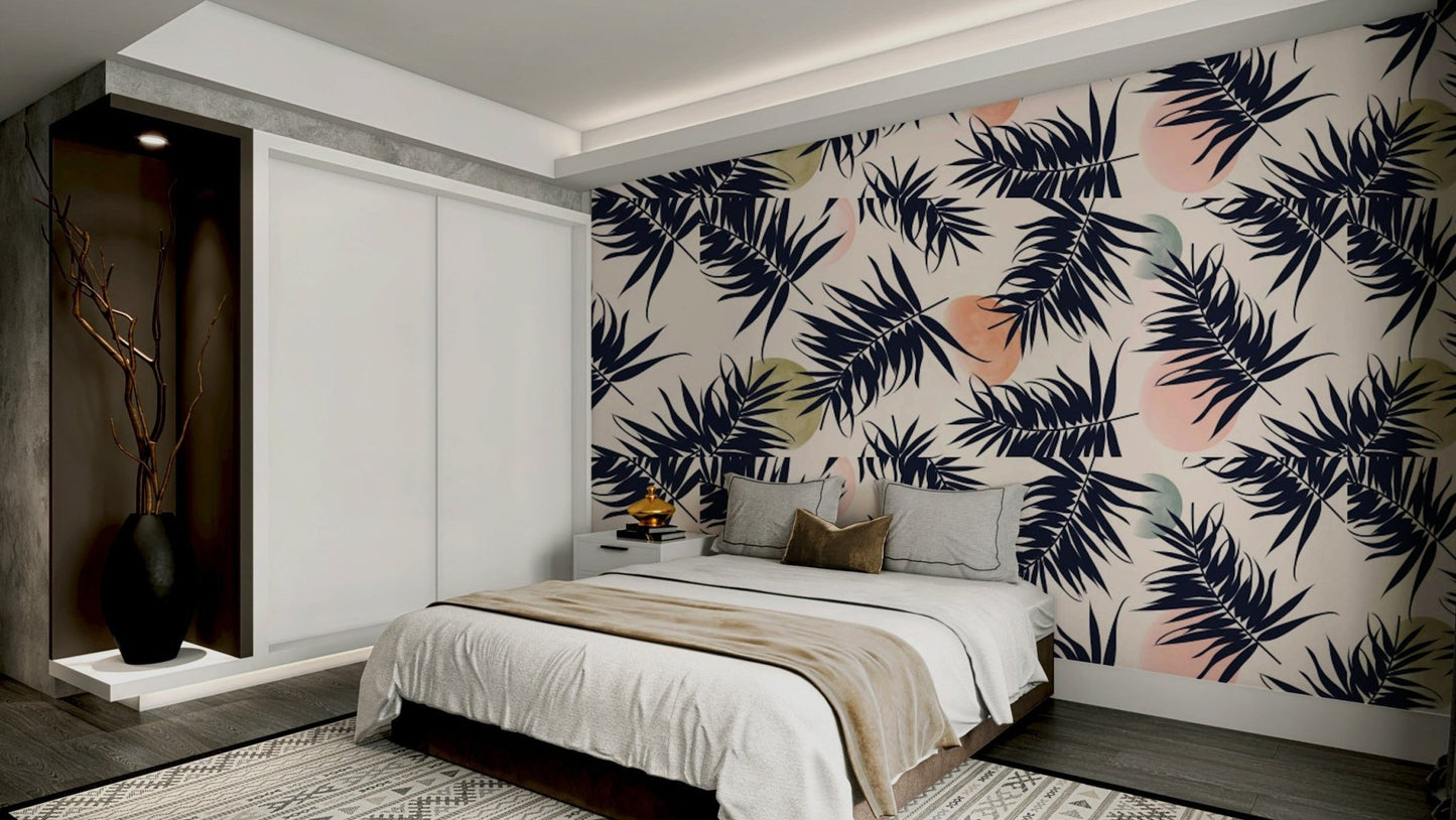 Tropical wallpaper with lush green palm leaves

