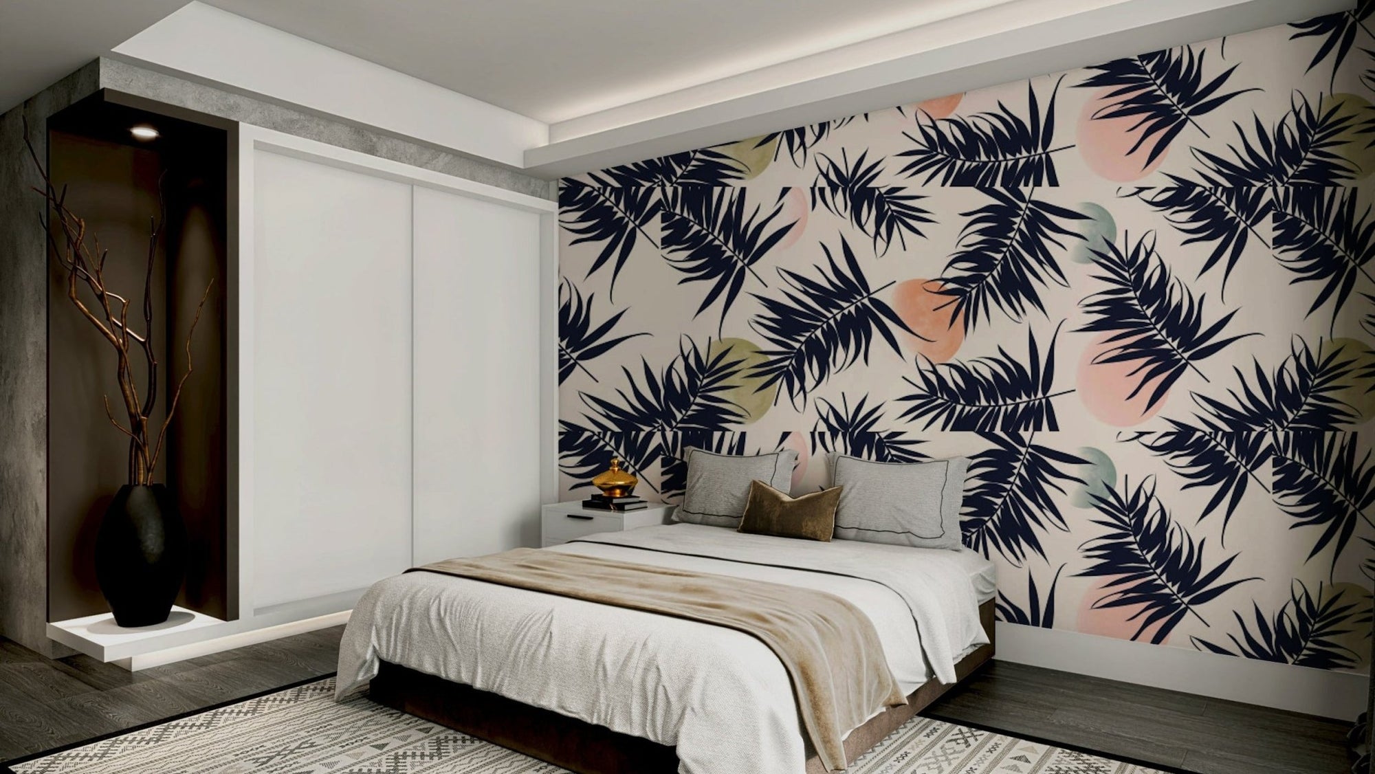 Tropical wallpaper with lush green palm leaves, GD2185