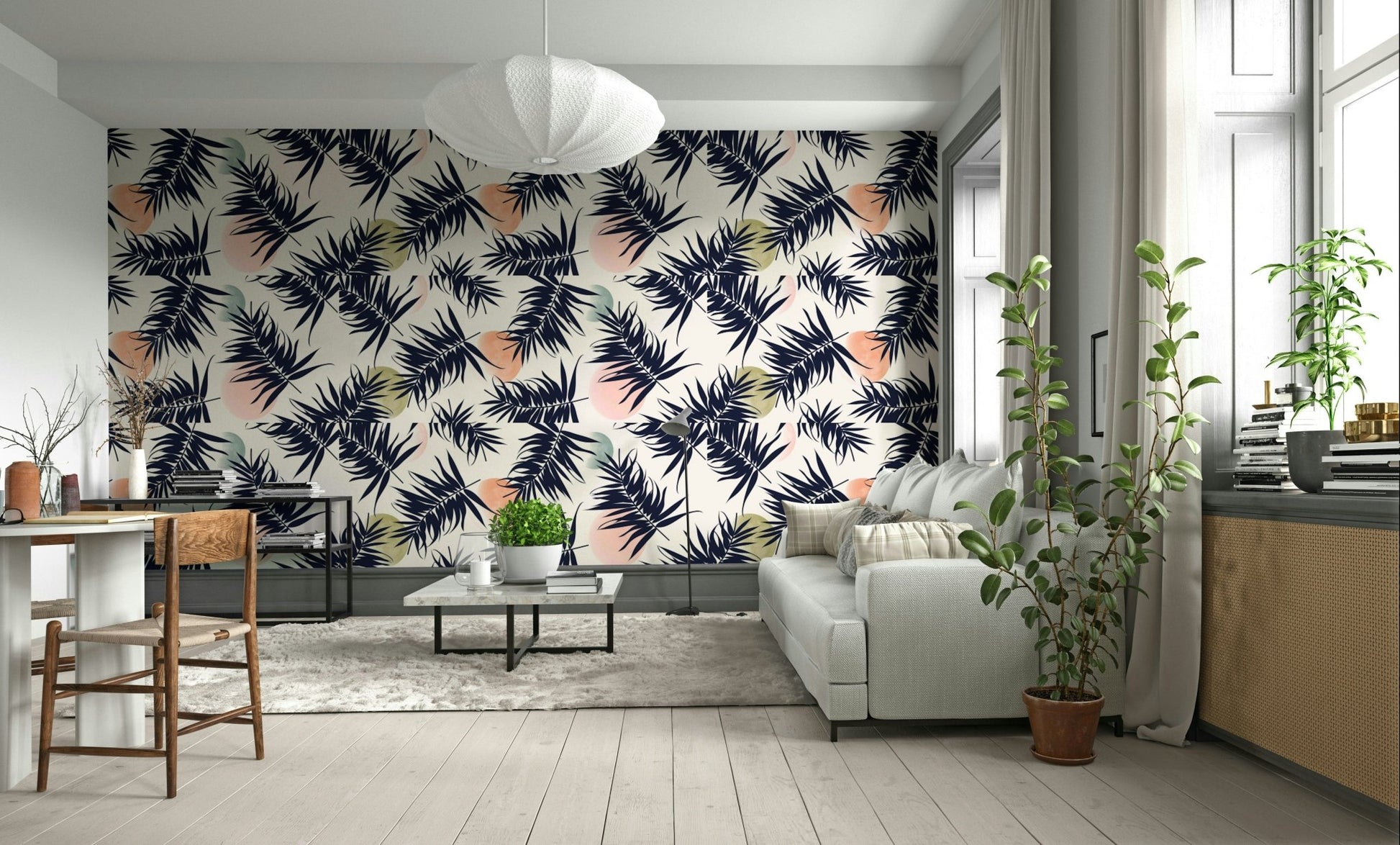 Vibrant wallpaper with tropical flowers and leaves

