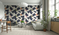 Vibrant wallpaper with tropical flowers and leaves

