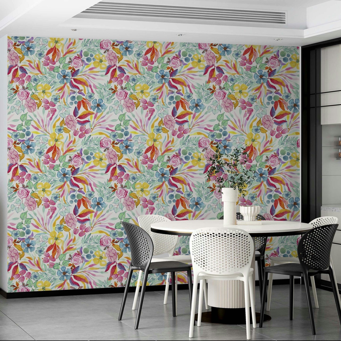 Bold tropical watercolor wallpaper for living rooms.

