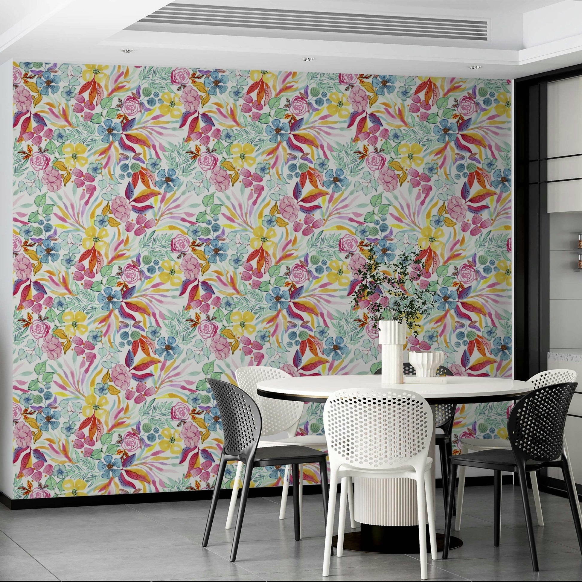 Bold tropical watercolor wallpaper for living rooms.

