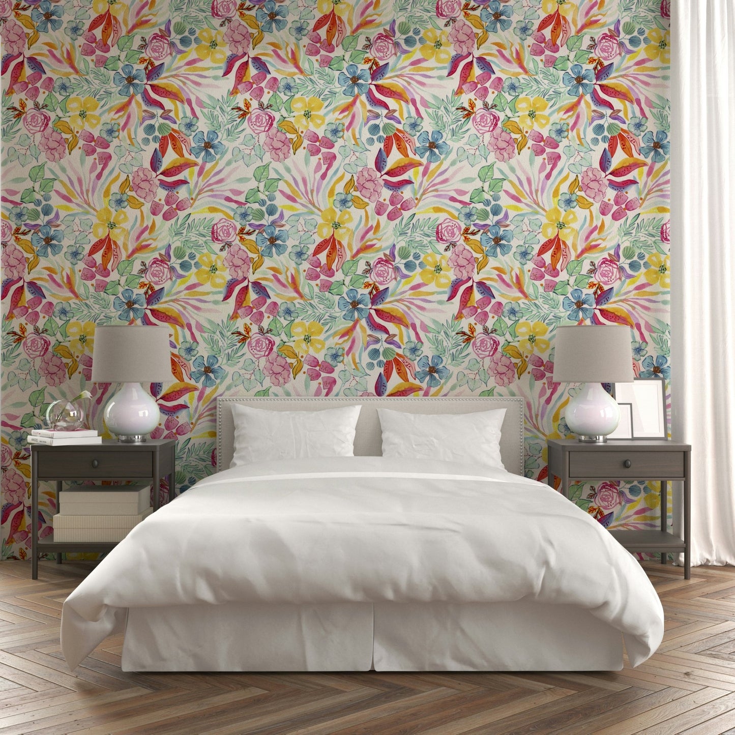 Lush tropical plants with a watercolor effect wallpaper.

