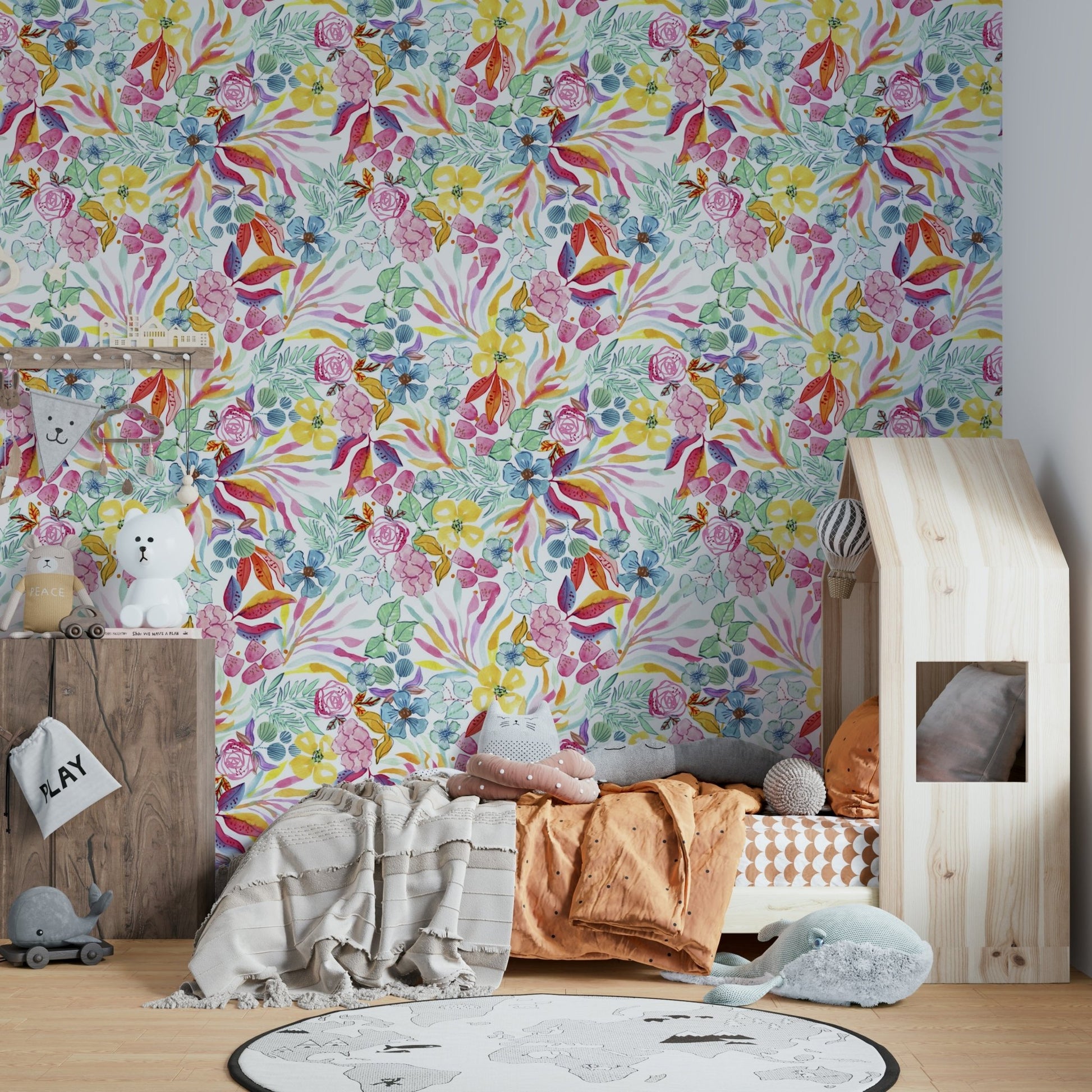 Watercolor tropical leaves mural for home decor.

