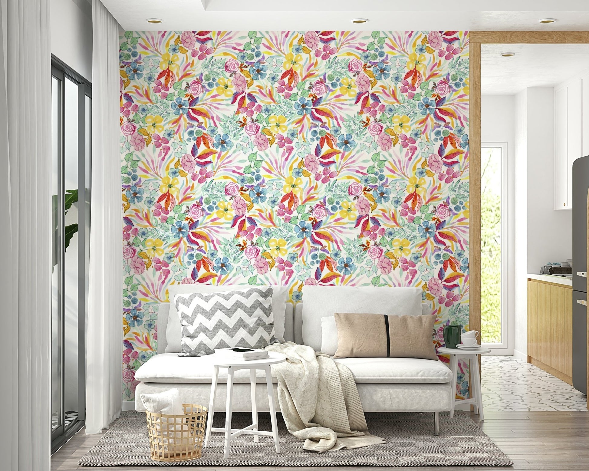 Vibrant tropical leaves wallpaper with watercolor hues.

