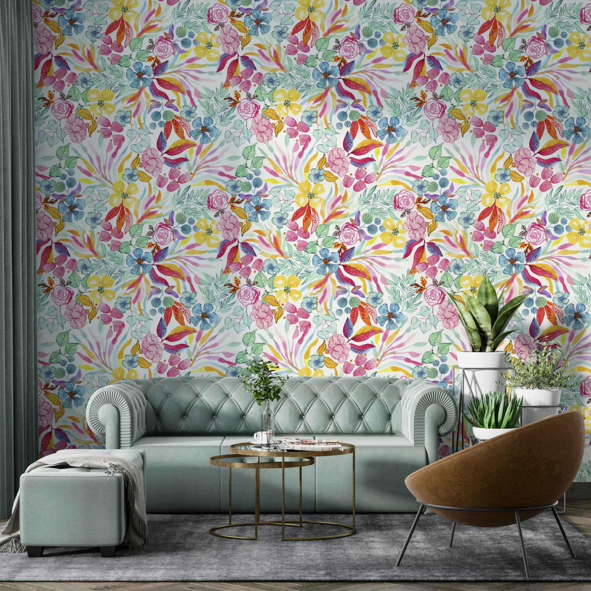 Watercolor tropical paradise wallpaper for home interiors.

