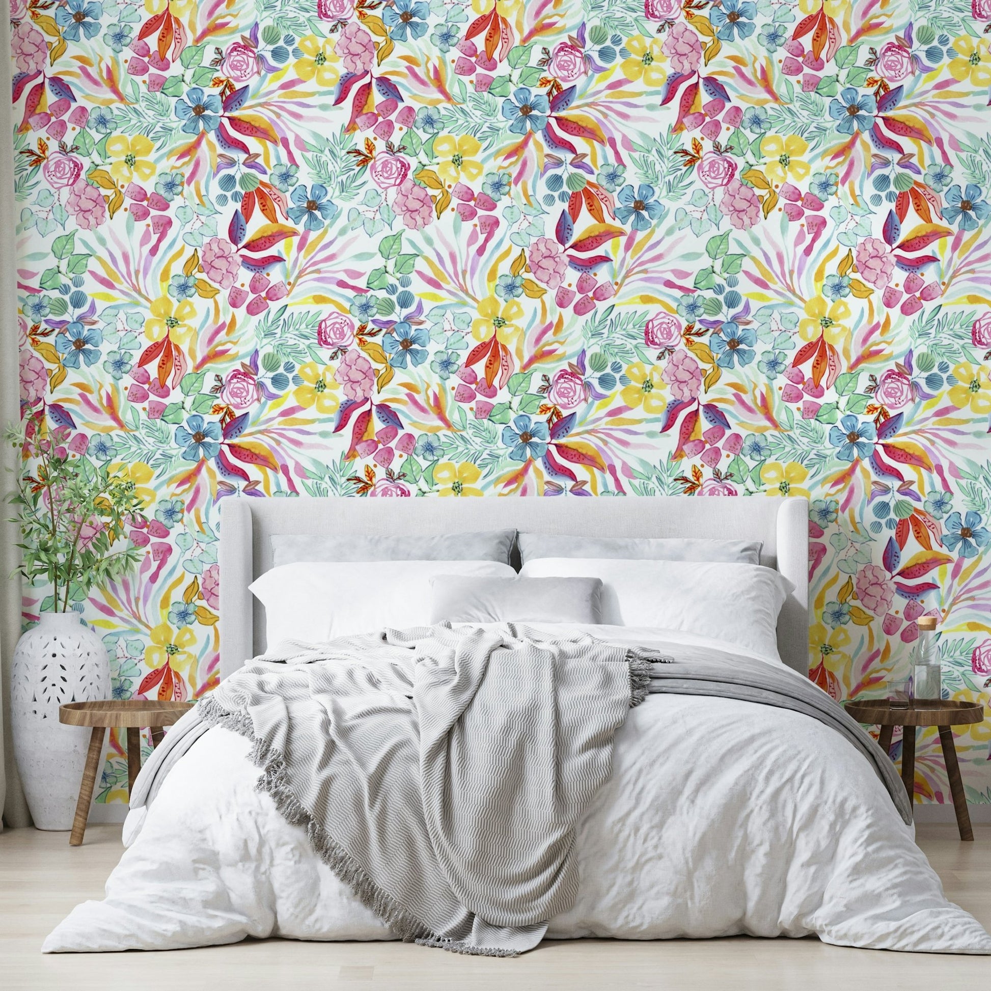 Watercolor tropical jungle mural for bedroom walls.

