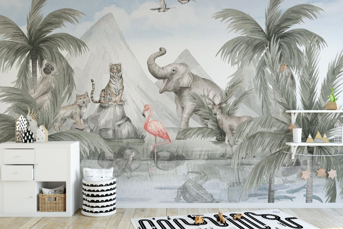 Lush tropical wildlife haven mural for serene decor, B845