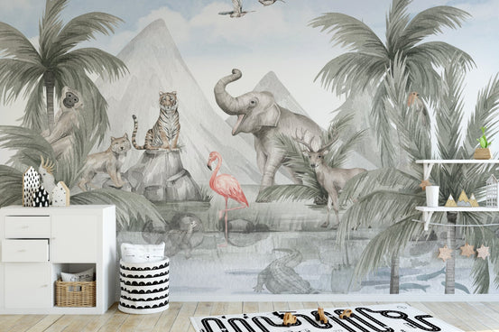 Lush tropical wildlife haven mural for serene decor, B845