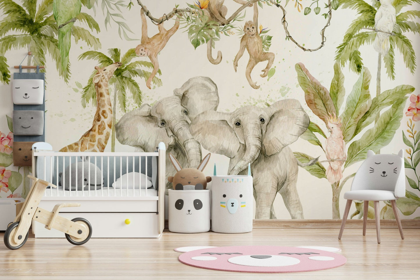 Vibrant tropical rainforest wildlife wall design

