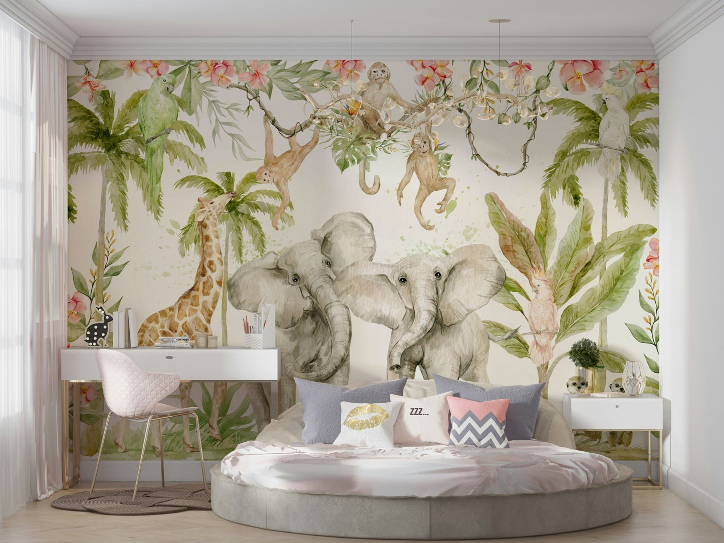 Tropical paradise with animals and plants mural design

