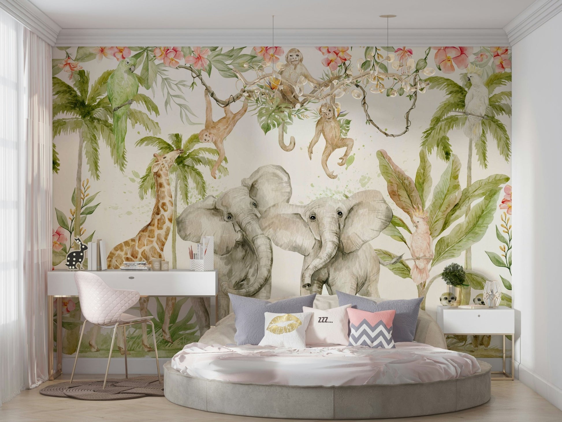Tropical paradise with animals and plants mural design

