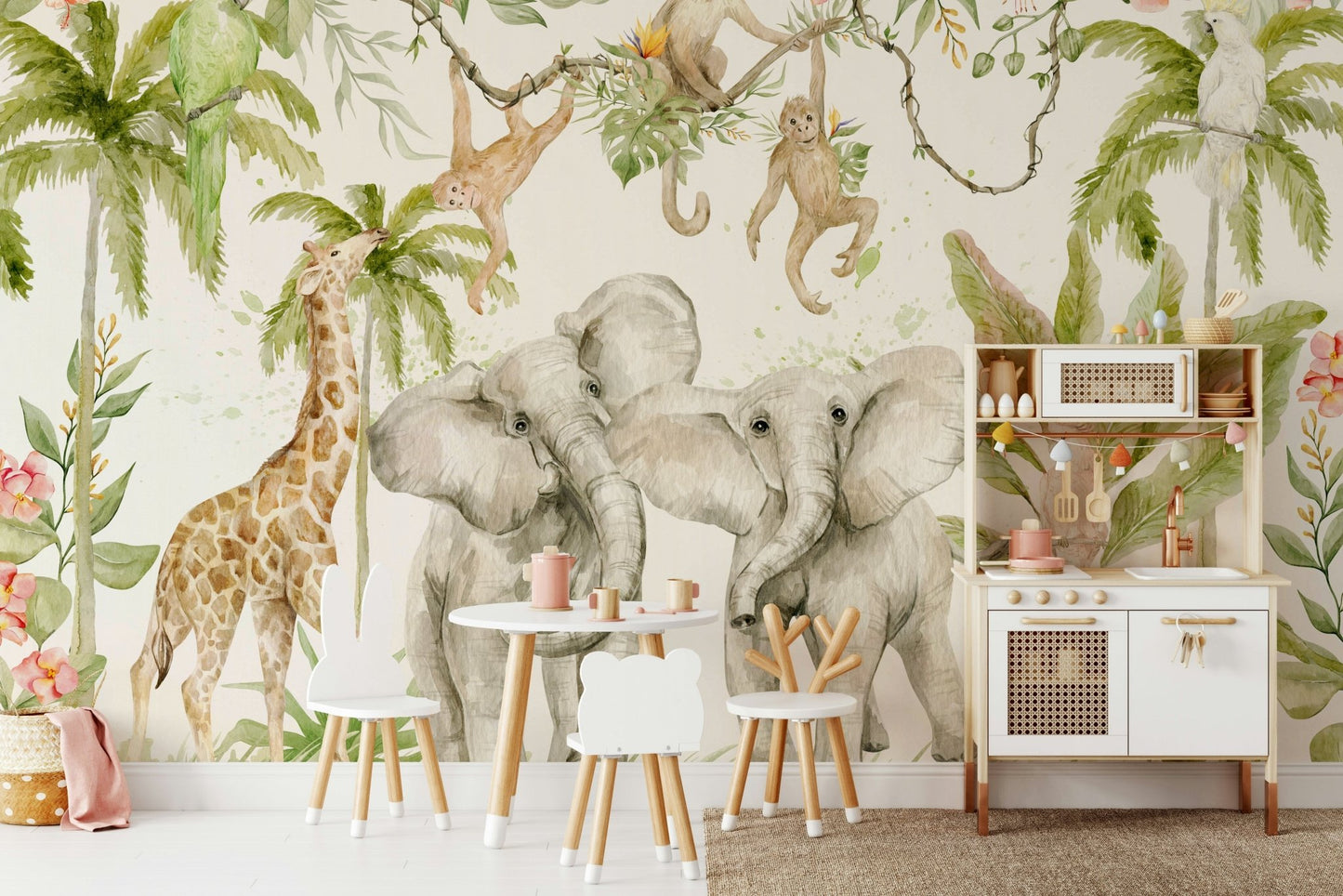 Jungle mural with vivid colors and wildlife creatures

