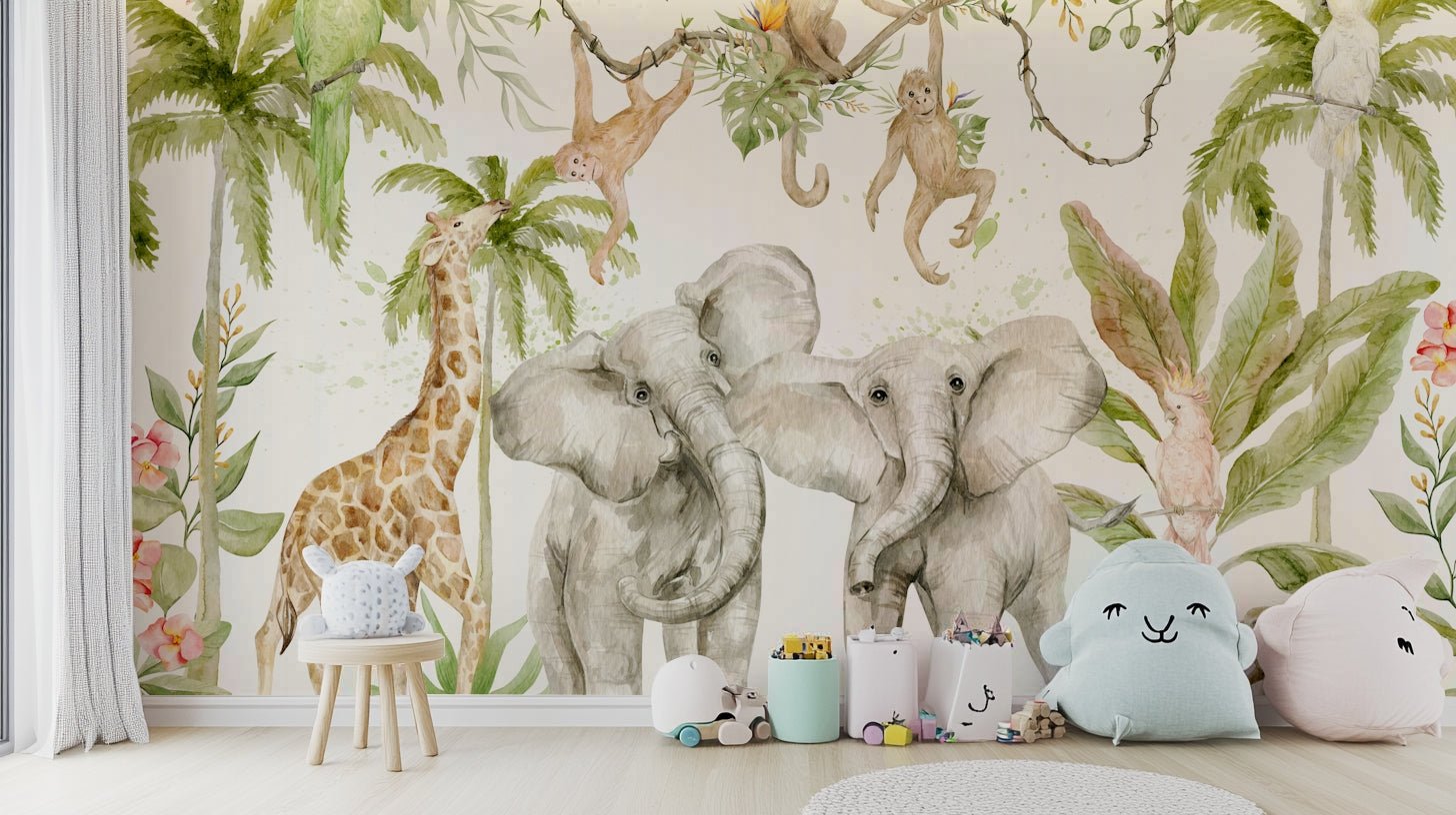 Vibrant tropical jungle with wildlife mural, GD1238