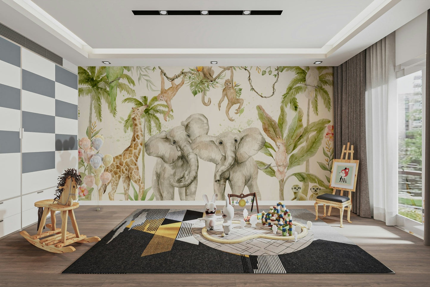 Bold tropical wildlife wall mural with jungle elements

