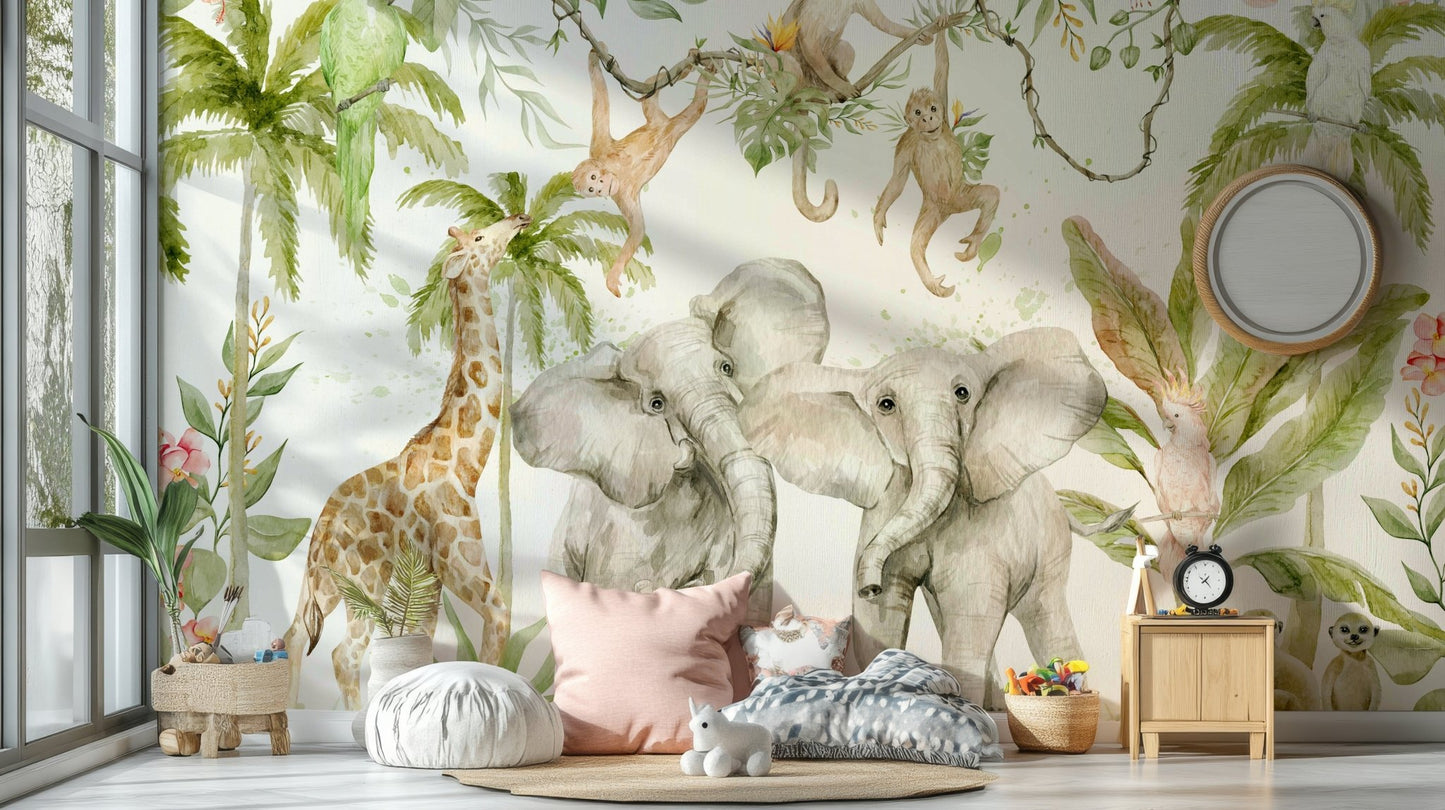 Exotic wildlife and vibrant flowers mural for walls

