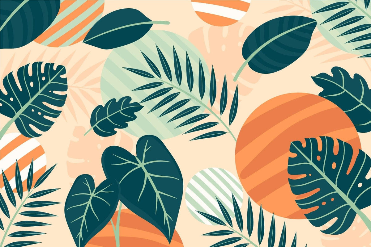 Green Orange Beige Leaves Wallpaper Mural in your room — zoomed