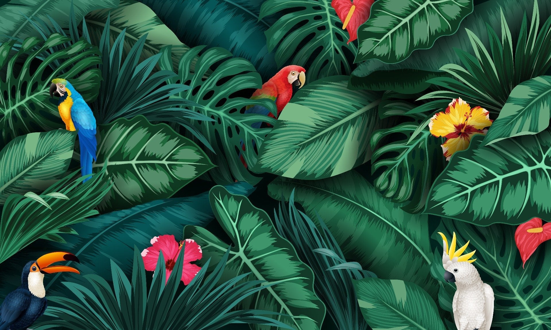 Tropical Green Leaves and Birds Wallpaper Mural