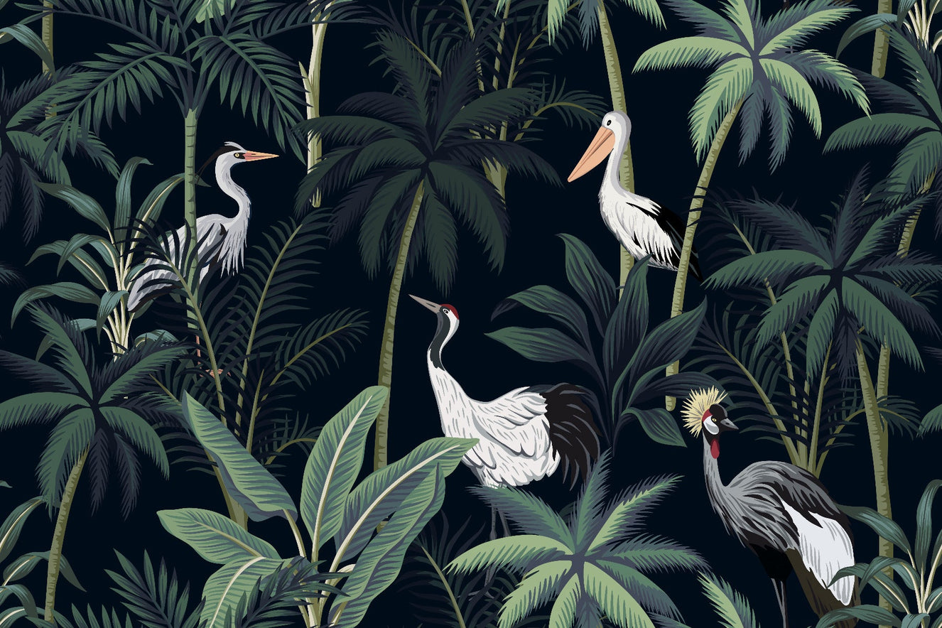 Tropical Birds In Night Sky Wallpaper Mural