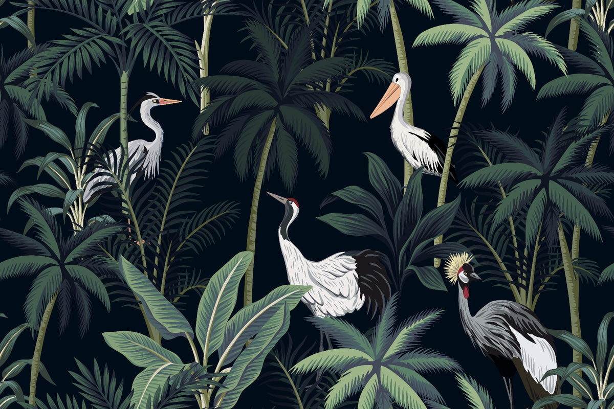 Tropical Birds In Night Sky Wallpaper Mural