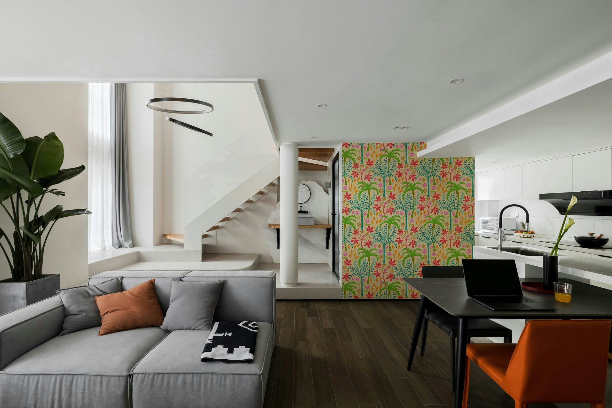 The colors are bright and vibrant, including rich greens, reds, pinks, and blues.

