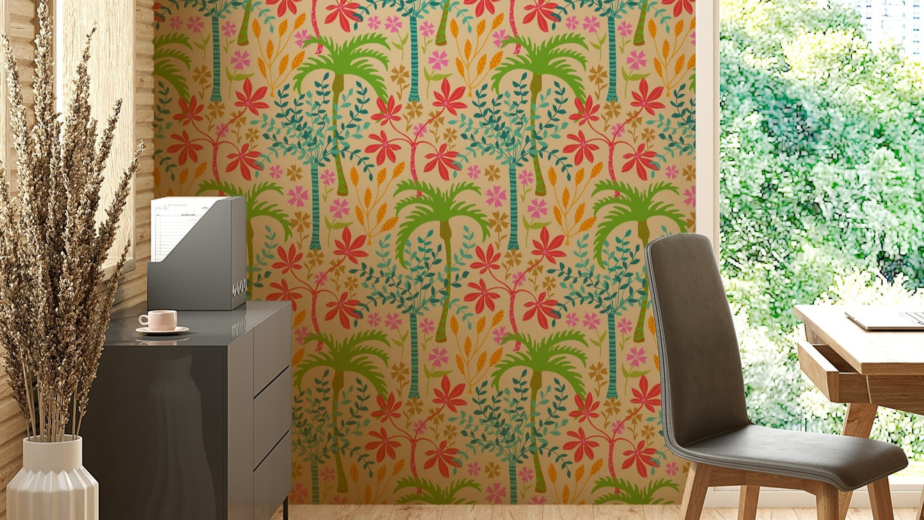 The mural is installed in a cheerful living room behind a simple, light-colored sofa.

