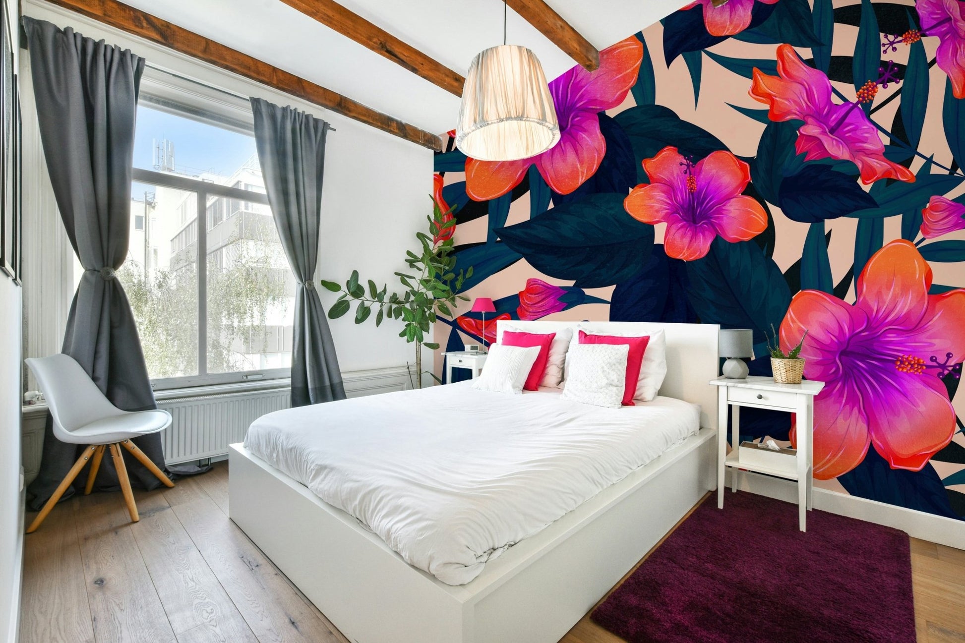 Lush tropical leaves and exotic flowers.

