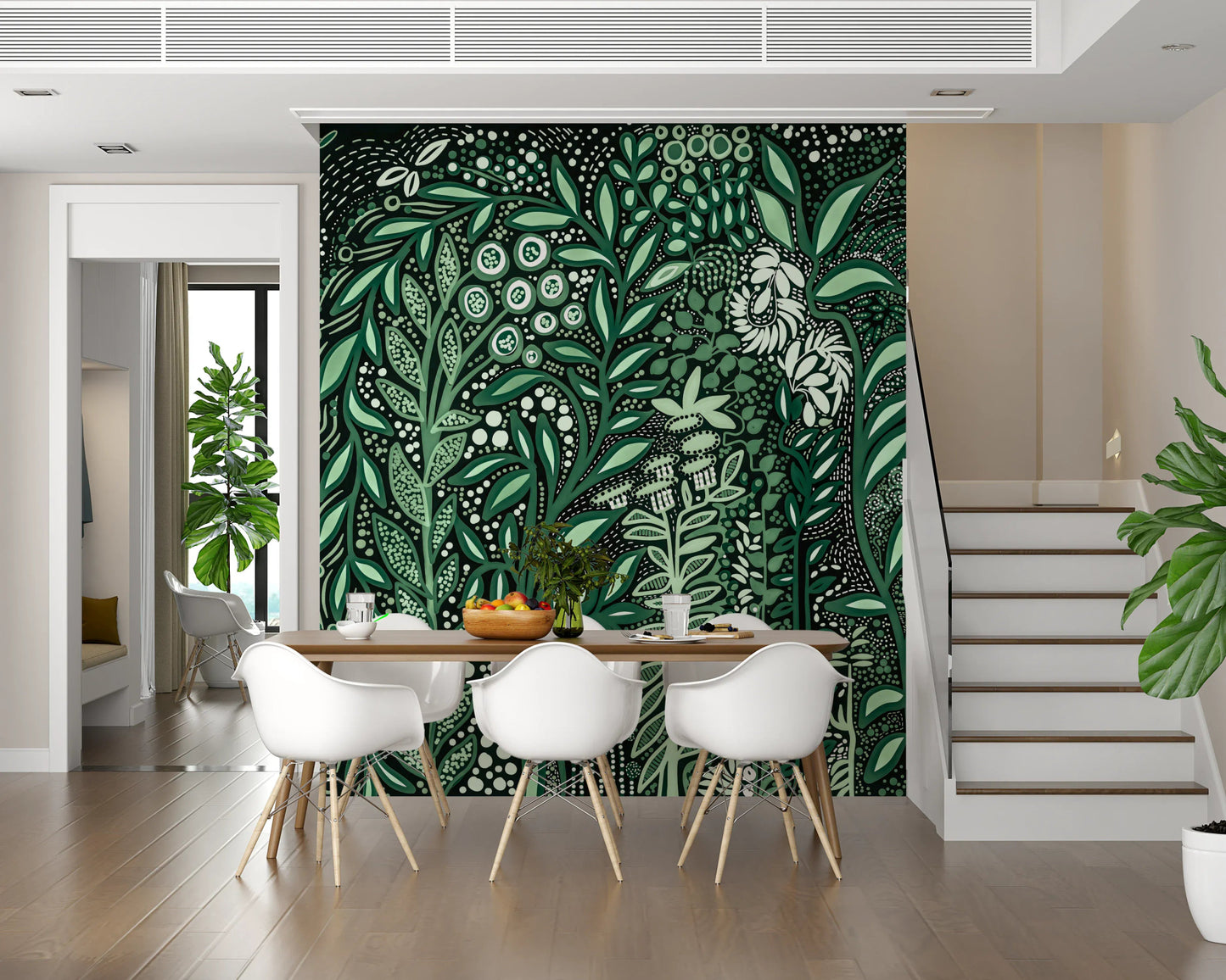 Tropifolia Alborosa Intricate Tropical Green Botanical Pattern with White Leaves and Delicate Floral Details Wall Mural