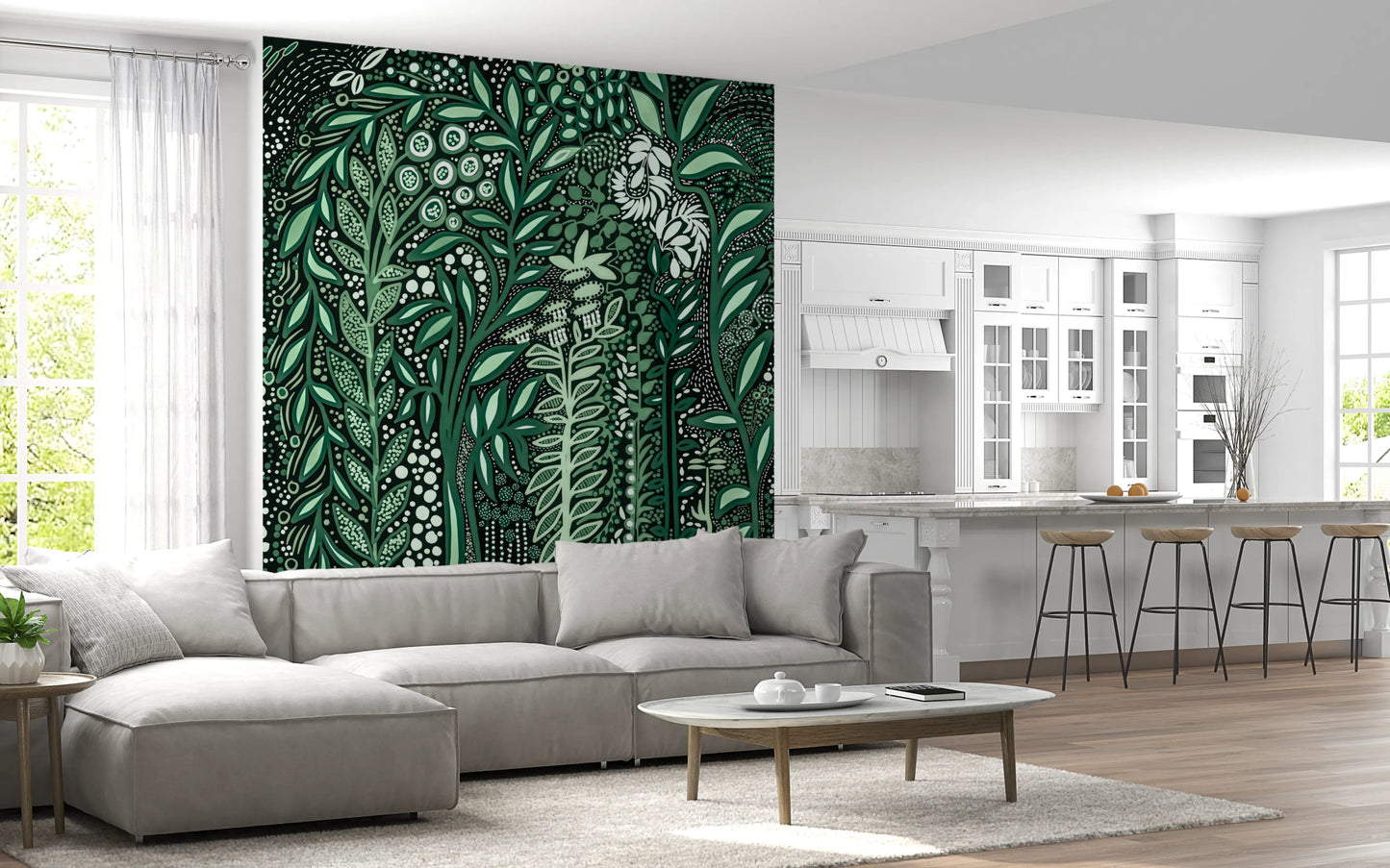 Tropifolia Alborosa Intricate Tropical Green Botanical Pattern with White Leaves and Delicate Floral Details Wall Mural