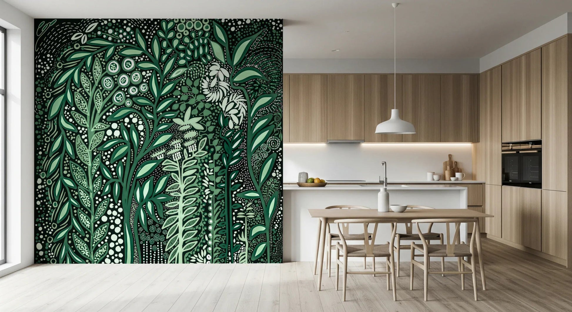 Tropifolia Alborosa Intricate Tropical Green Botanical Pattern with White Leaves and Delicate Floral Details Wall Mural