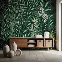 Tropifolia Alborosa Intricate Tropical Green Botanical Pattern with White Leaves and Delicate Floral Details Wall Mural