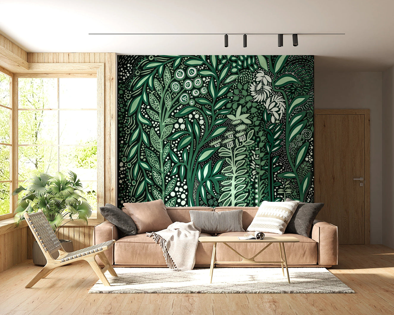 Tropical Green Botanical pattern with white leaves in a modern living room.
