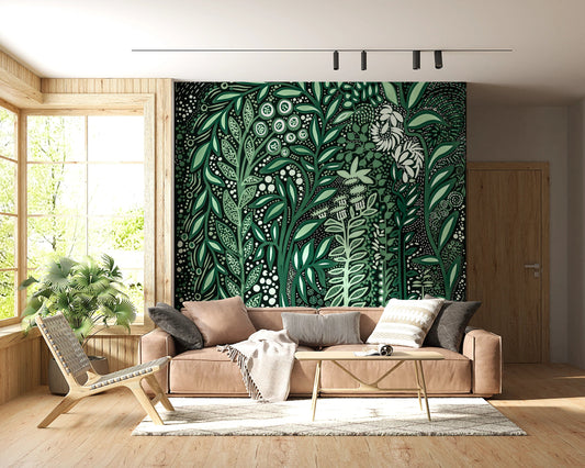 Tropical Green Botanical pattern with white leaves in a modern living room.