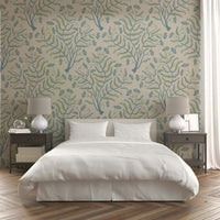 Trumpet flower damask design on sage green wallpaper

