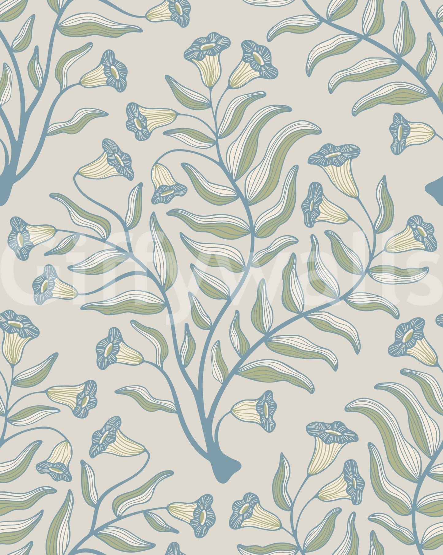 Trumpet flower wallpaper with botanical design in gray

