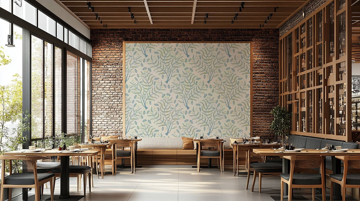 Trumpet flower damask wallpaper in blue and sage, GD1865