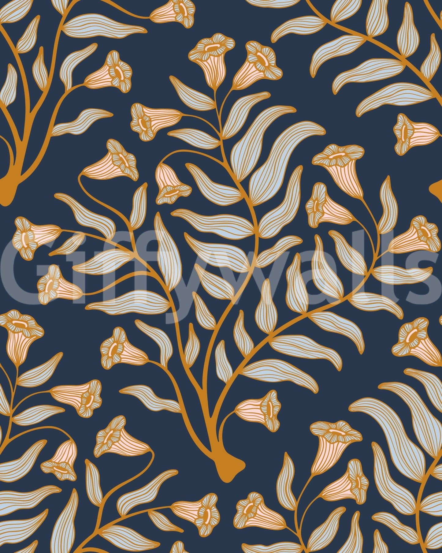 Dark indigo wallpaper with elegant trumpet flower motif

