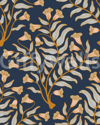 Dark indigo wallpaper with elegant trumpet flower motif

