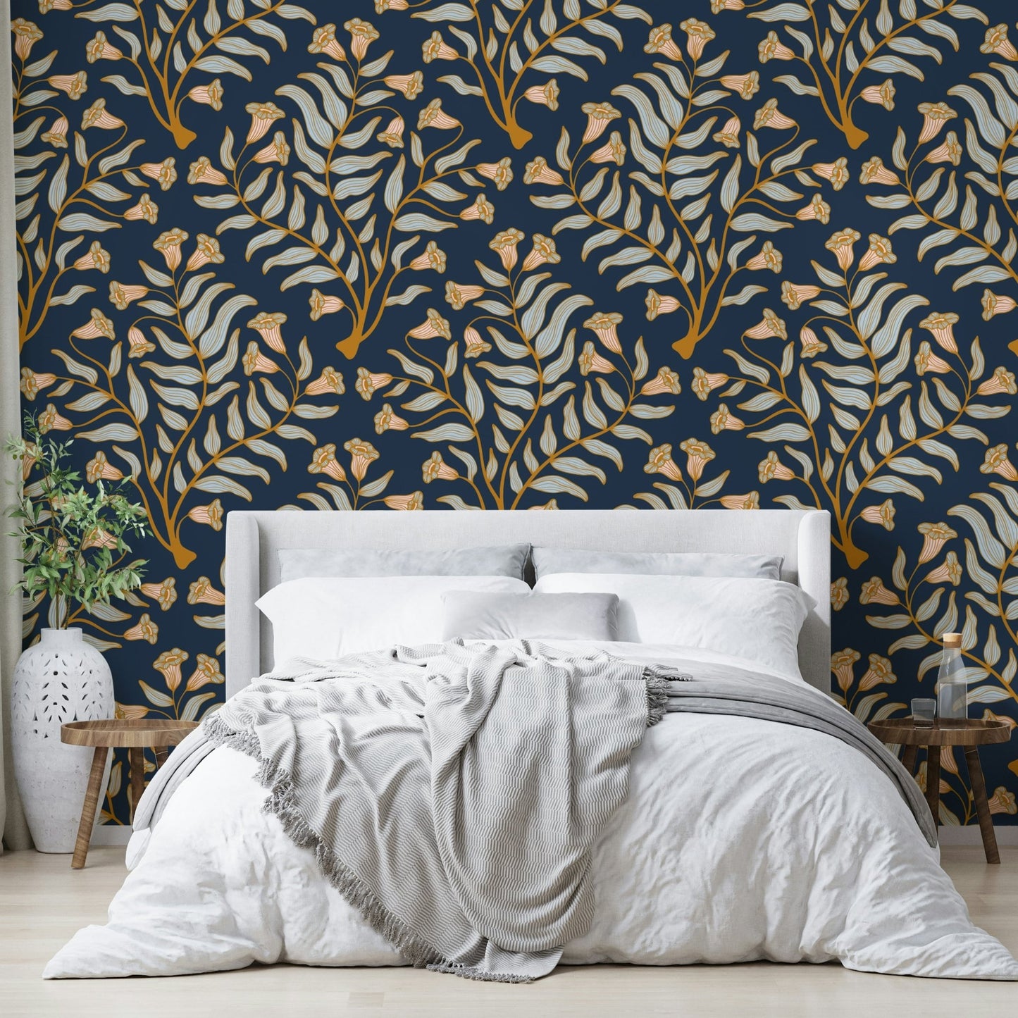 Rich indigo wallpaper with vintage floral damask design

