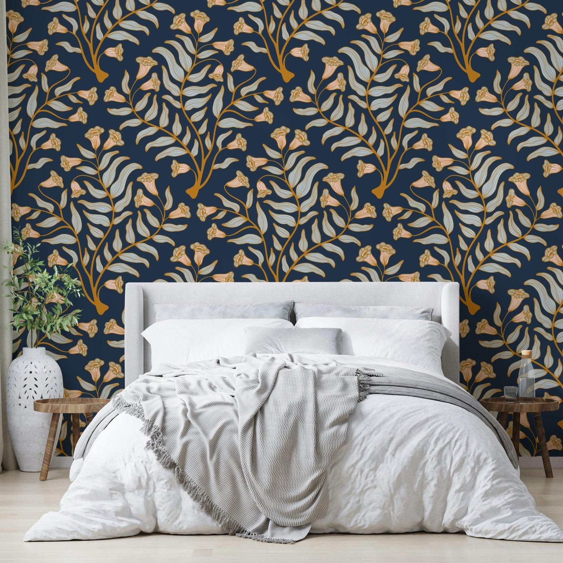 Rich indigo wallpaper with vintage floral damask design

