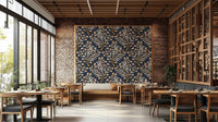 Damask wallpaper with trumpet flowers in dark indigo blue


